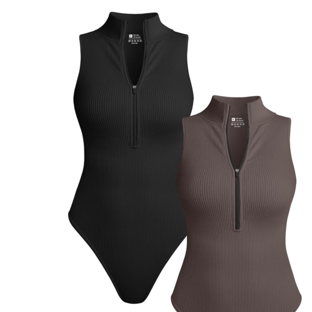 BLACK - TOB Women's Bodysuit Sexy Ribbed Short Sleeve Zip Stretch Tops Bodysuits
